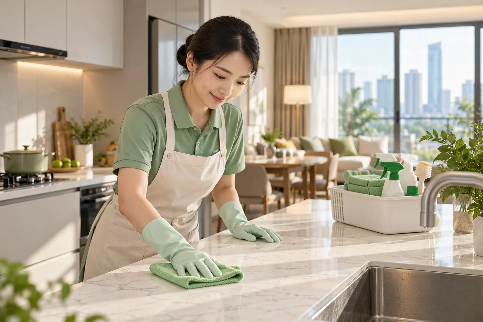 家政人员进行厨房保洁（AI生成示意）